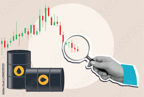 Someone is looking through a magnifying glass at a falling candlestick chart of oil prices. The concept of falling oil prices. Modern collage style. Vector illustration