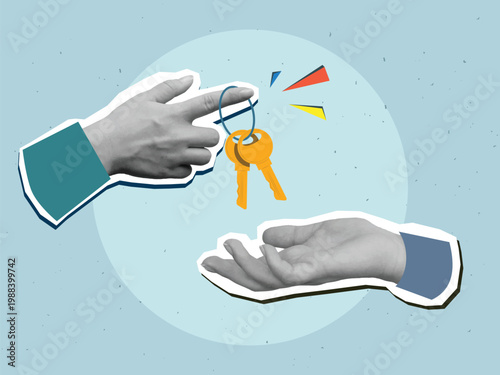 One hand gives and another hand takes a bunch of two keys. Transfer of ownership. Modern collage style. Vector illustration
