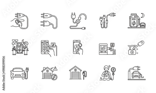 Premium 12 EV Charging Infrastructure  Smart Mobility Icons - Electric Car Power Stations, Wireless Charging, Solar EV Solutions  Green Transport Line Art