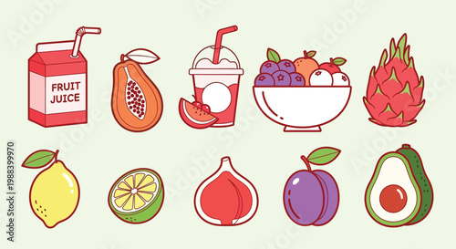 A vibrant collection of fresh fruits and fruit juice, including a carton of juice, papaya, smoothie, fruit bowl, dragon fruit, lemon, lime, fig, plum, and avocado.