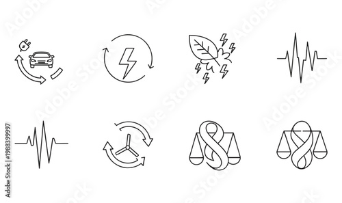 Premium 8 Sustainable Energy  EV Lifecycle Icons - Renewable Recycling, Wind Energy Balance, Electric Car Battery Flow  Eco-Friendly Tech Line Art