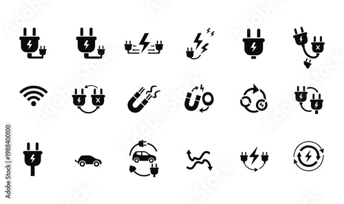 Premium 18 Electric Plug  Magnetic Charging Icons - Universal Power Connector, Wireless Energy Transfer, EV Charging Cycles  Industrial Electrical Connectivity Solid Graphics
