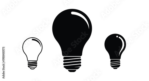 A black and white illustration depicts three light bulbs of varying sizes showcasing a simple design