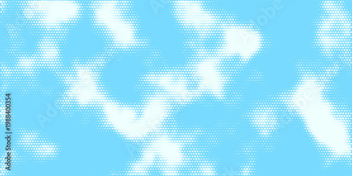 Halftone cloud background. White dotted clouds in blue sky. Comic pop art heaven wallpaper for banner, brochure, collage, poster, leaflet. Rasterized smoke, smog or fog texture. Vector illustration