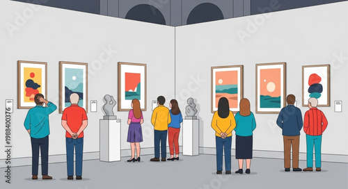 People admire artwork in a modern art gallery exhibition.