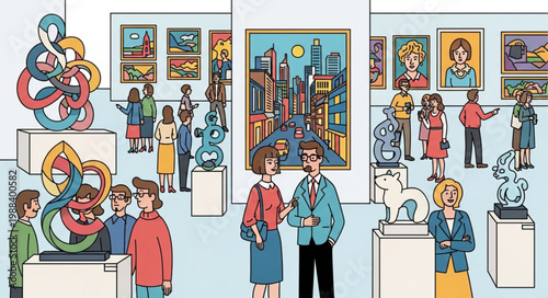 People admire artwork in a modern art gallery exhibition hall.