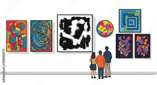 People admire colorful abstract paintings in an art gallery exhibition.