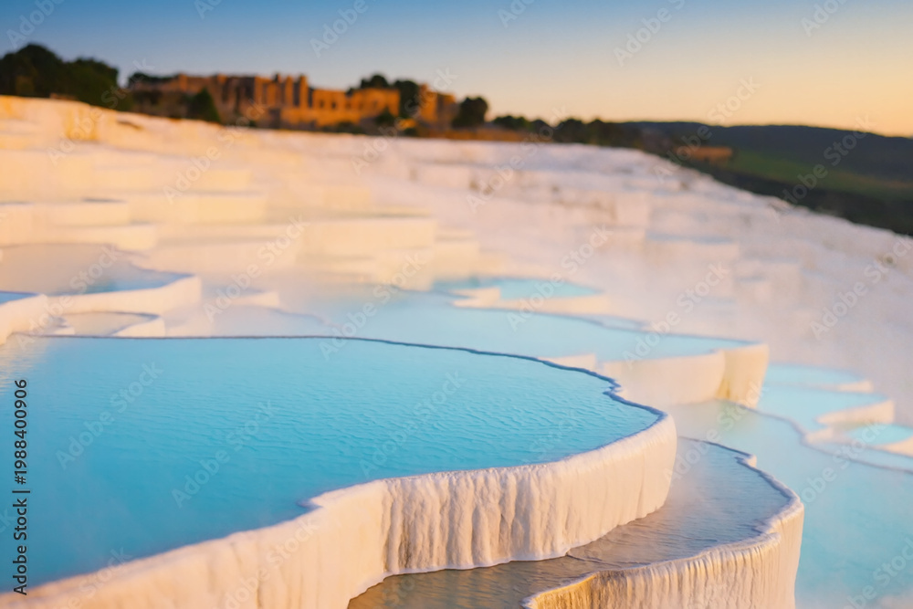 Fototapeta premium Sunlight bathes the white travertine terraces with turquoise thermal waters overflowing into tiered pools. The mineral-rich limestone formations glow against a soft sunset sky