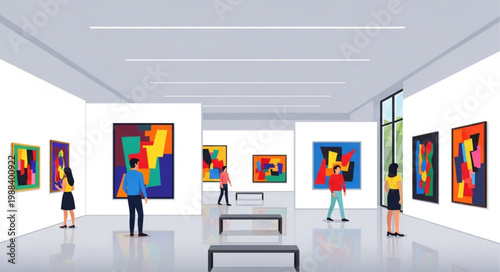 People admire modern abstract paintings in a bright art gallery exhibition hall.