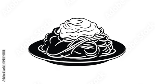 A black and white illustration depicts a plate of spaghetti with a creamy sauce topping