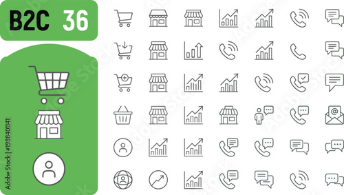 A collection of flat design icons representing various e-commerce and business concepts, including shopping carts, graphs, phones, and more, ideal for marketing, advertising, and website design