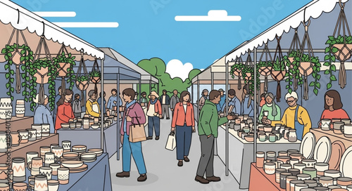Outdoor Market Scene with Stalls and Shoppers.