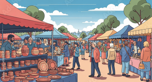 Outdoor Market Scene with Stalls and Shoppers.