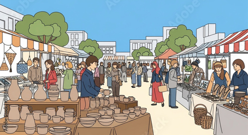 Outdoor Market Scene with Stalls and Shoppers.