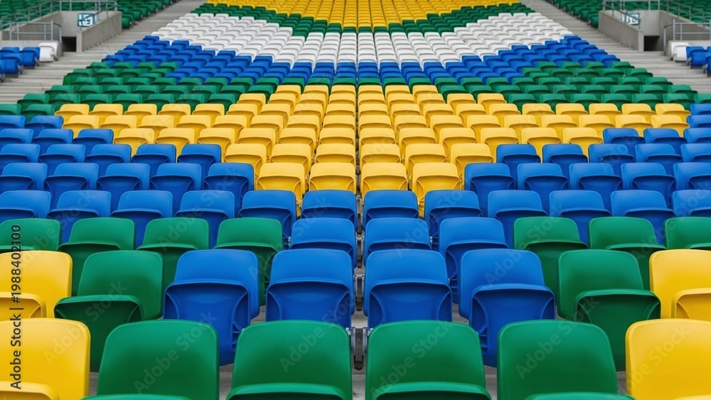 Fototapeta premium Empty stadium seats forming Brazilian national colors before World Cup match