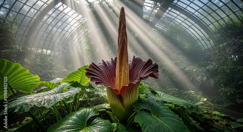 Corpse flower blooming in a sunlit greenhouse with dramatic light rays