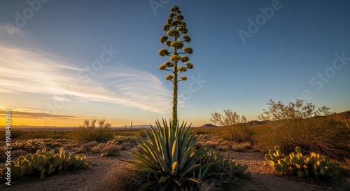 Century plant agave blooming in the sonoran desert at sunset