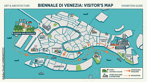 A clear flat design illustration of a stylized map, guiding visitors through the various exhibition venues of the Venice Biennale. 