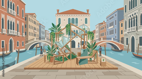 A thoughtful flat design illustration depicting an eco-conscious art installation at the Venice Biennale, blending natural and recycled elements within a Venetian backdrop. 
