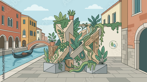A thoughtful flat design illustration depicting an eco-conscious art installation at the Venice Biennale, blending natural and recycled elements within a Venetian backdrop. 