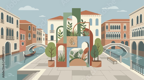 A thoughtful flat design illustration depicting an eco-conscious art installation at the Venice Biennale, blending natural and recycled elements within a Venetian backdrop. 