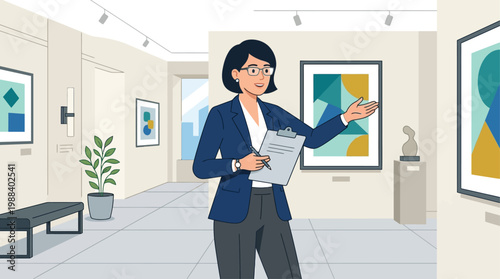 A professional flat design illustration featuring an art curator, symbolizing the expertise and guidance behind the Venice Biennale exhibitions. 