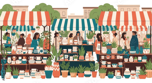 Outdoor Market Scene with Stalls and Shoppers.