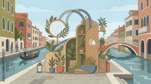 A thoughtful flat design illustration depicting an eco-conscious art installation at the Venice Biennale, blending natural and recycled elements within a Venetian backdrop. 