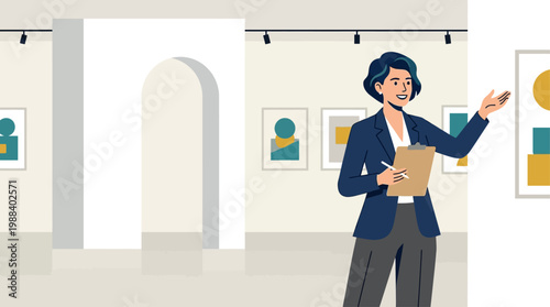 A professional flat design illustration featuring an art curator, symbolizing the expertise and guidance behind the Venice Biennale exhibitions. 