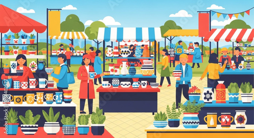 Outdoor Market Scene with Stalls and Shoppers.