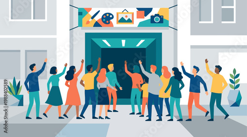 An energetic flat design illustration capturing the excitement and buzz of an opening day at the Venice Biennale, with a crowd eagerly gathering at an exhibition entrance. This vector image conveys th