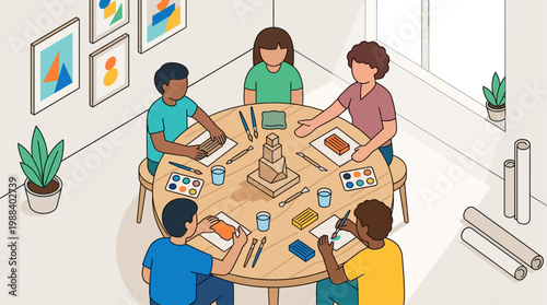 A collaborative flat design illustration depicting an art workshop or educational session taking place during the Venice Biennale. 