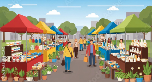 Outdoor Market Scene with Stalls and Shoppers.