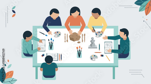 A collaborative flat design illustration depicting an art workshop or educational session taking place during the Venice Biennale. 