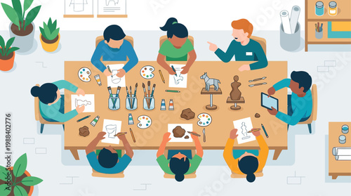 A collaborative flat design illustration depicting an art workshop or educational session taking place during the Venice Biennale. 