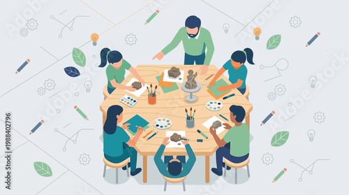 A collaborative flat design illustration depicting an art workshop or educational session taking place during the Venice Biennale. 