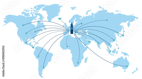 A conceptual flat design illustration depicting a stylized globe with connecting lines converging on Venice, symbolizing the international reach and global participation in the Venice Biennale. 