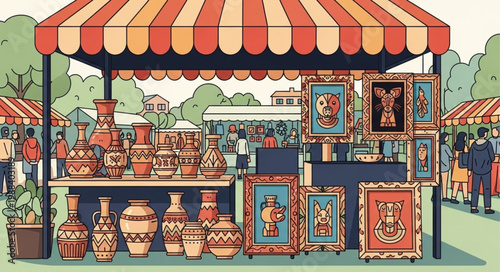 Outdoor Market Stall Displaying Ceramic Pottery and Artwork.