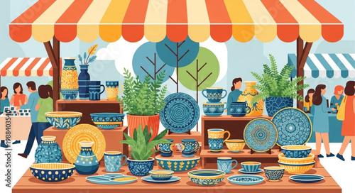 Outdoor Market Stall Displaying Ceramic Pottery and Plants.