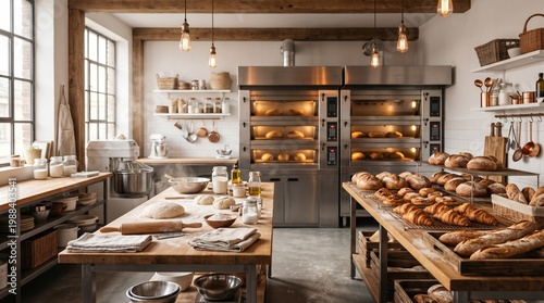 Warm and inviting bakery interior filled with freshly baked bread and pastries, showcasing a professional baking environment