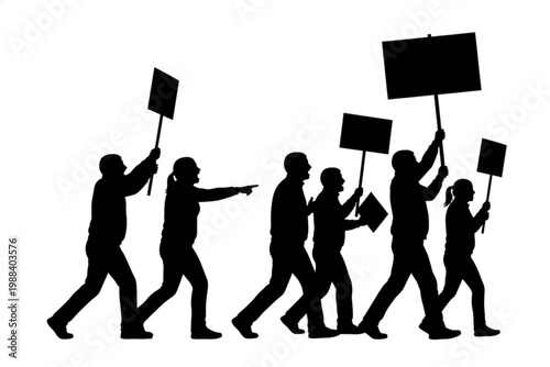 March of Voices: Silhouetted figures march forward, holding placards high, united in purpose, their forms speak of collective action.