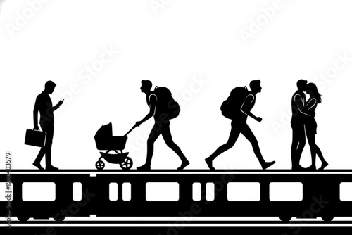 Life's Journey: A silhouetted narrative unfolds on a train track, depicting key life stages from solitary work to embracing love and family. The image tells a story of personal growth.