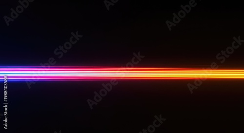 A vibrant energy trail streaks across a dark field, creating an intense, residual optical effect of light and color shift, future, flow, optical