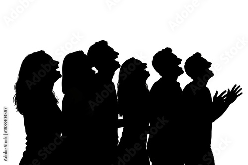 Silent Silhouette Gaze: A captivating group gazes upwards with a shared sense of wonder and awe. capturing the silhouette against a clean and bright backdrop, inviting curiosity.