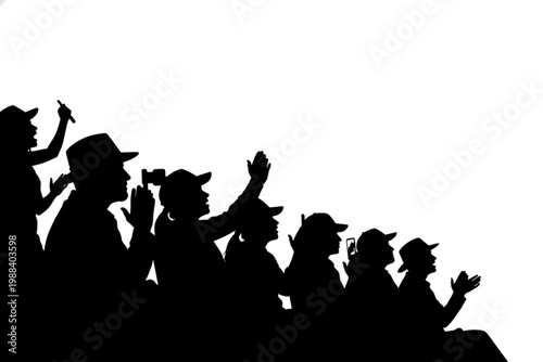 Enthusiastic Spectators: Silhouetted figures in the audience, hands raised in anticipation and excitement, convey the energy and engagement of a live event, against a blank space.