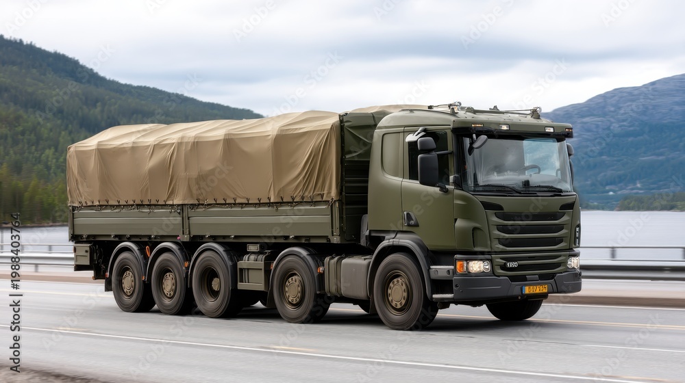 Obraz premium A military truck with an anti-aircraft system moves down a road surrounded by trees and green grass under a blue sky