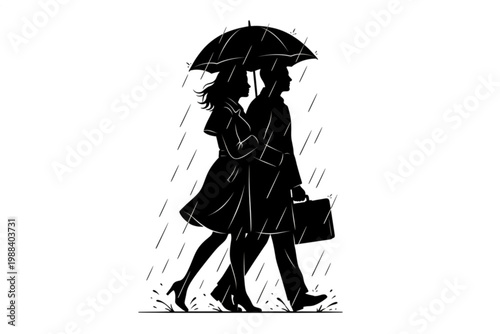Couple under Umbrella: A silhouette of a couple walking together in the rain under an umbrella, representing companionship and shared shelter in a romantic illustration.