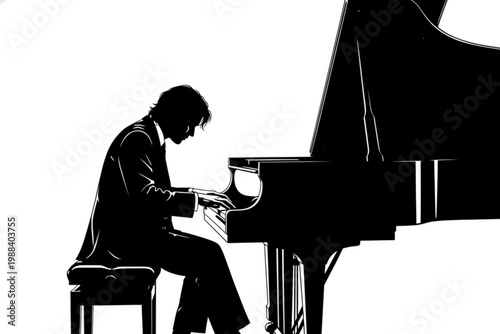 Melody in Silhouette: A silhouetted figure is fully concentrated playing a grand piano, the keys dancing under fingers and the music flows, against a clean backdrop.
