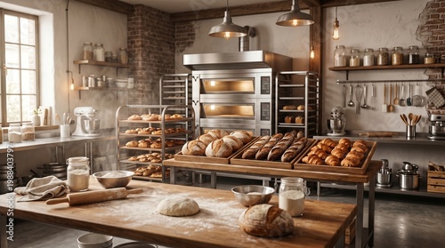 A rustic bakery interior filled with freshly baked bread, pastries, and industrial ovens, showcasing a warm and inviting atmosphere for artisanal baking