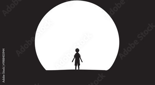 Silhouette boy standing before huge white circle